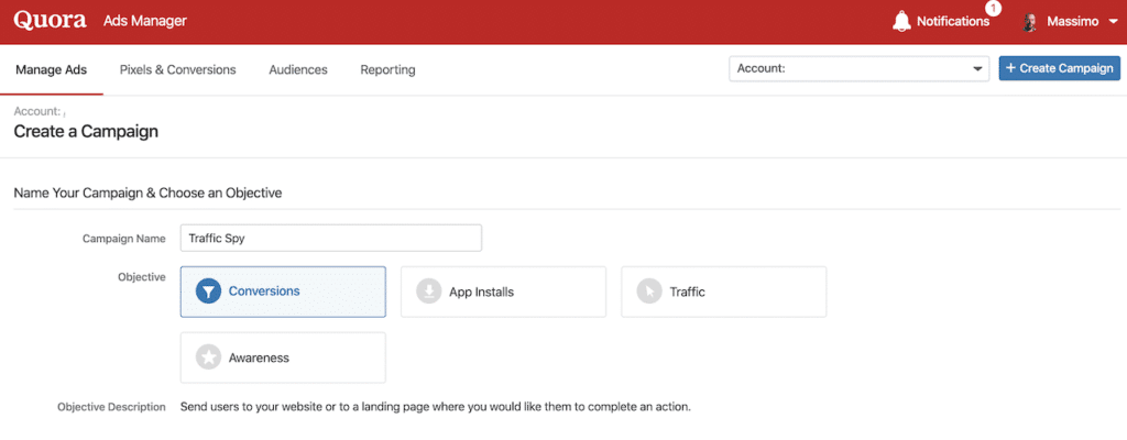 Quora Ads manager interface