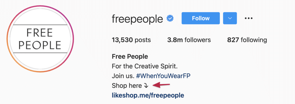 Instagram Bio shopping cta example