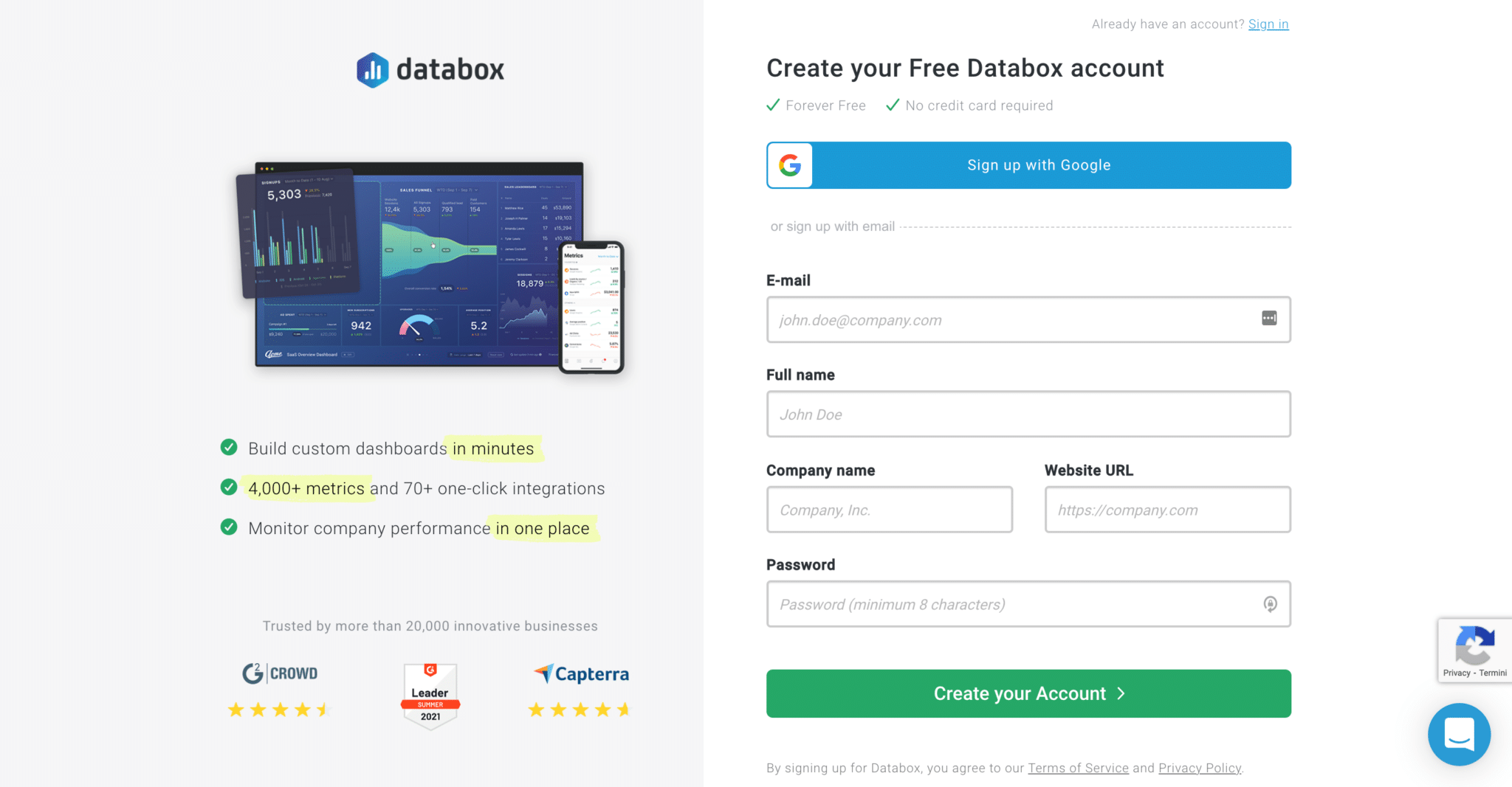 Databox SaaS Signup Page