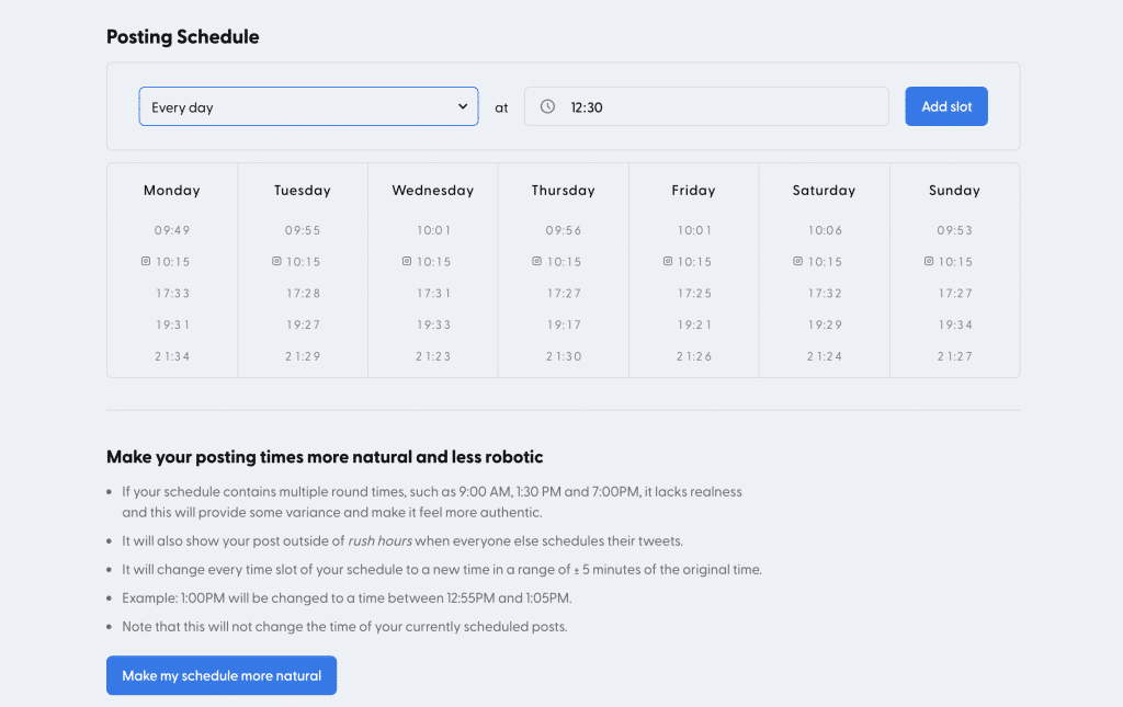 Hypefury scheduling slots settings