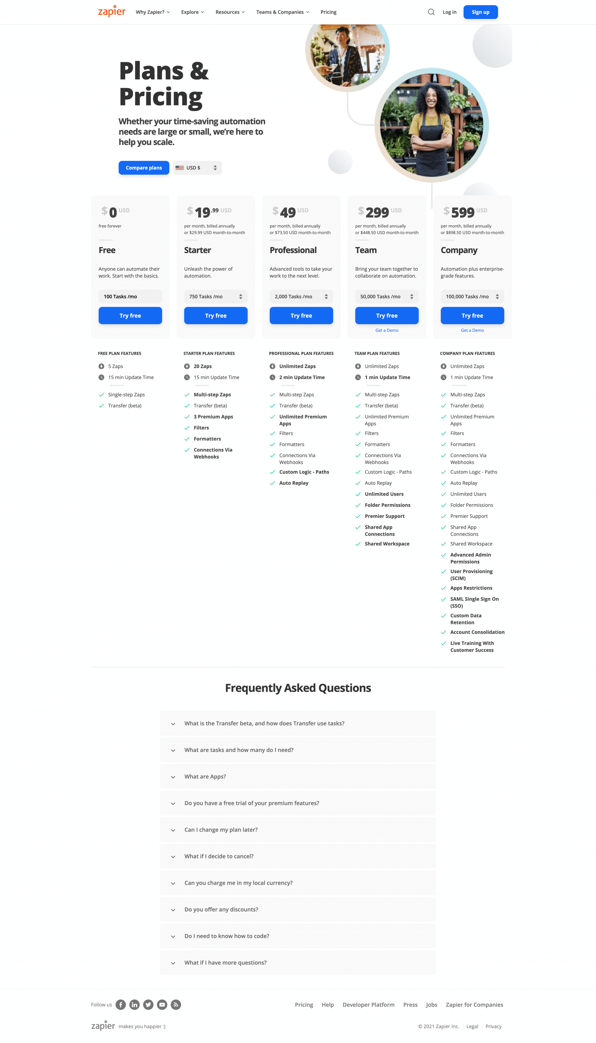 Zapier Pricing Page