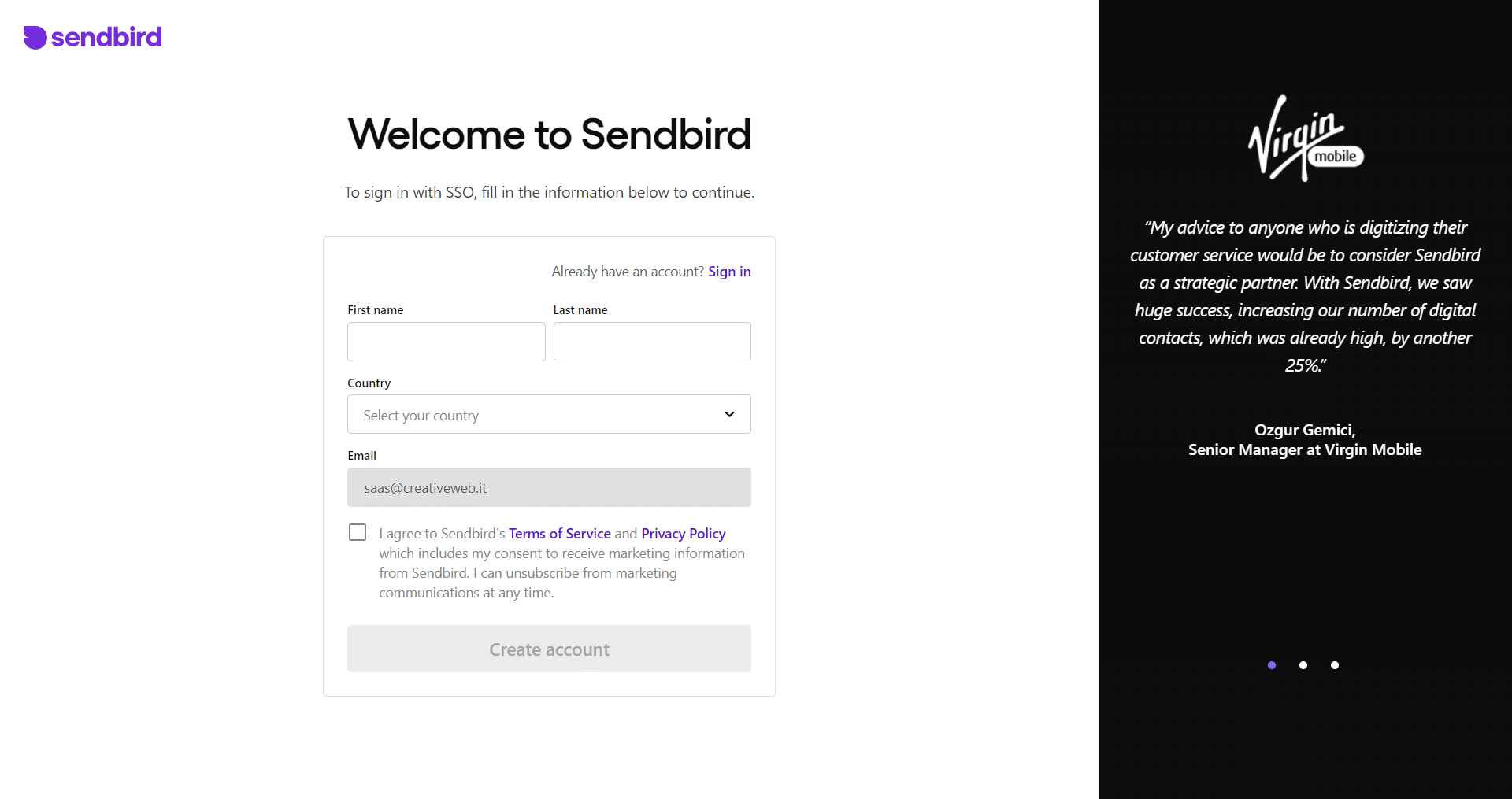 SendBird Signup