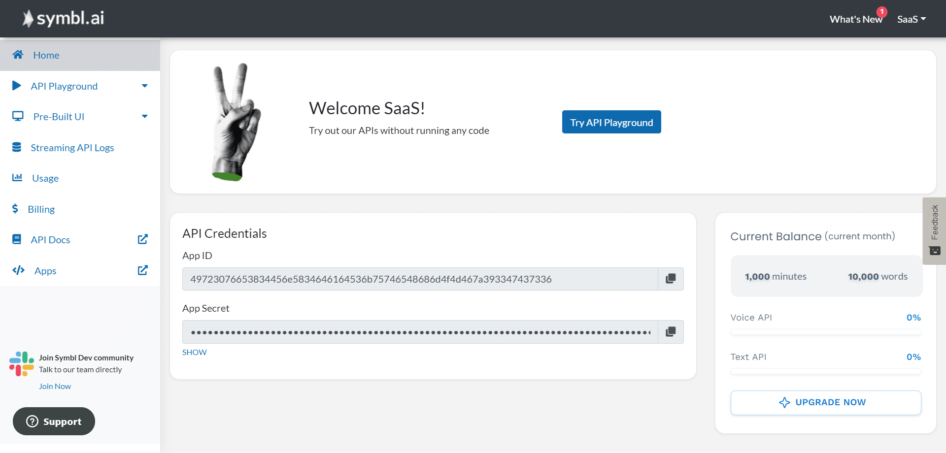 Symbl.ai Dashboard Trial