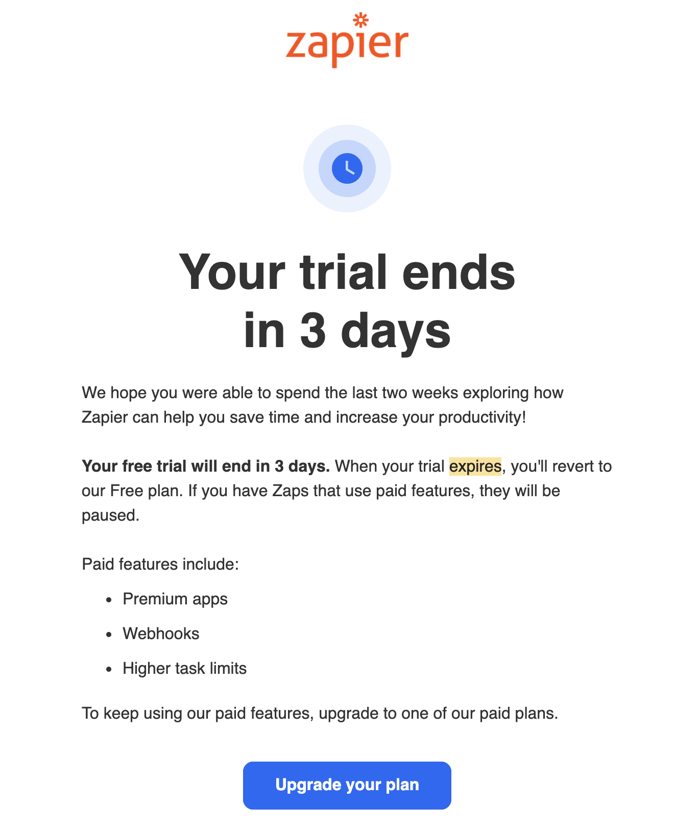 Zapier Trial Expiration Email