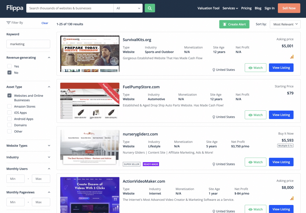 Flippa search blogs to buy