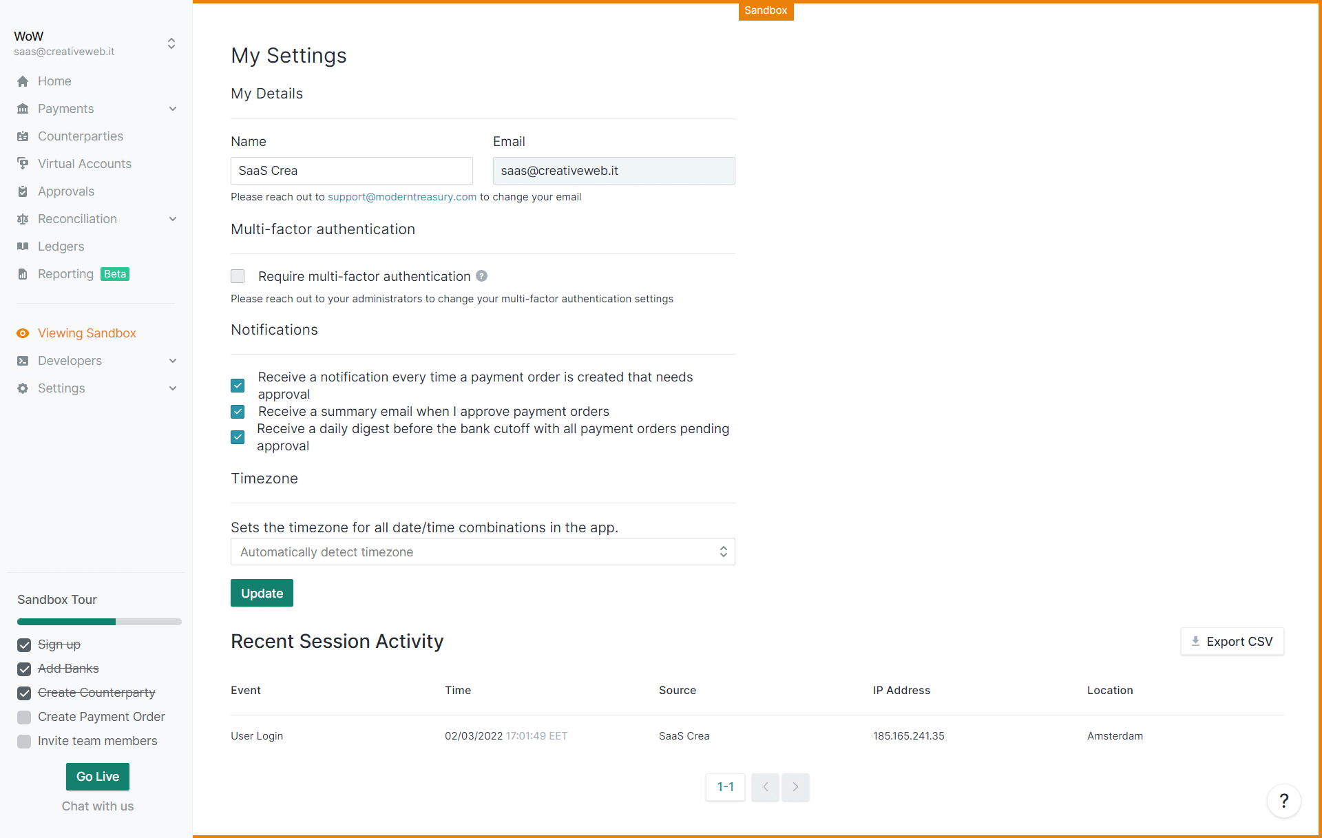 ModernTreasury User Profile