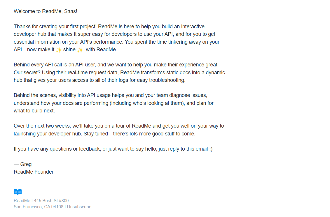 ReadMe Welcome Email