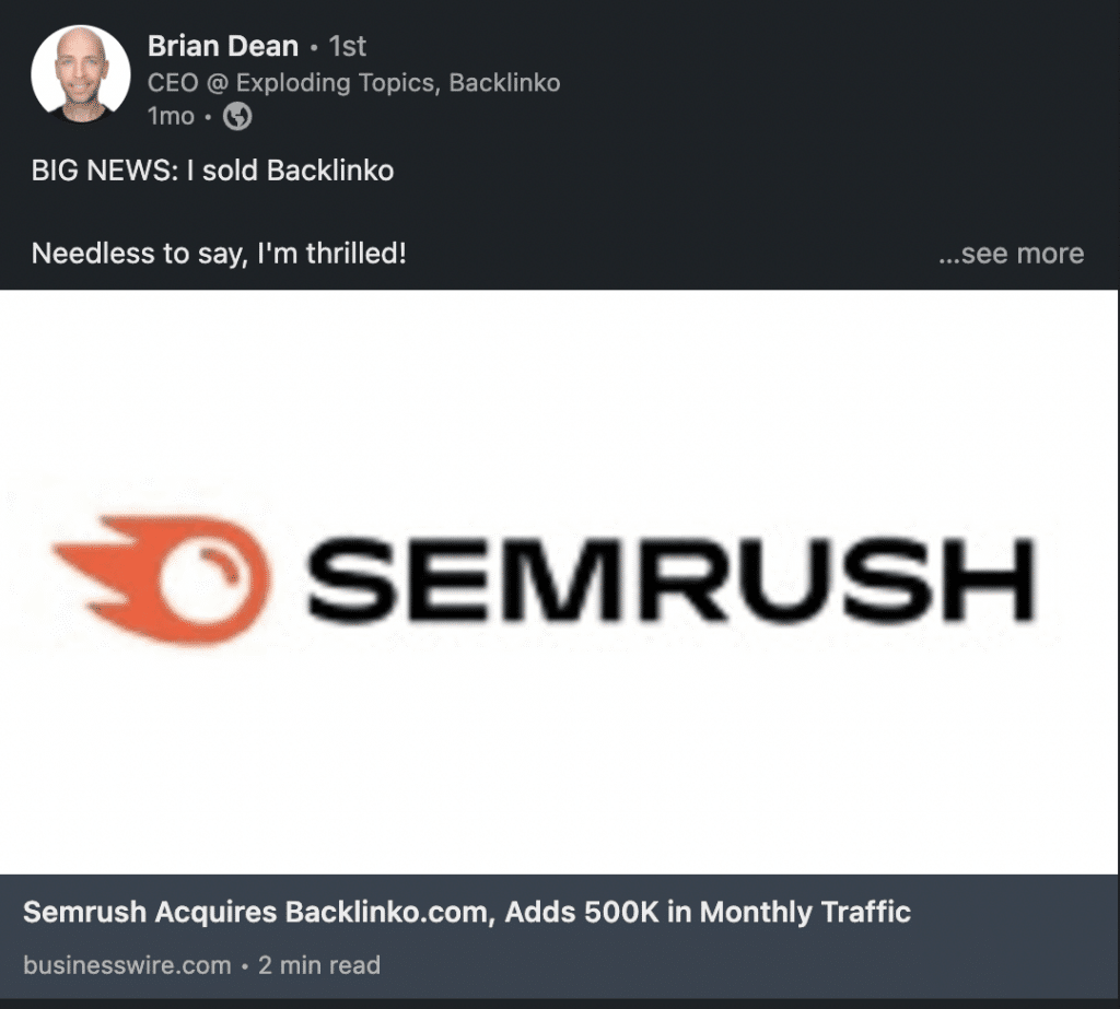 Backlinko acquisition by Semrush