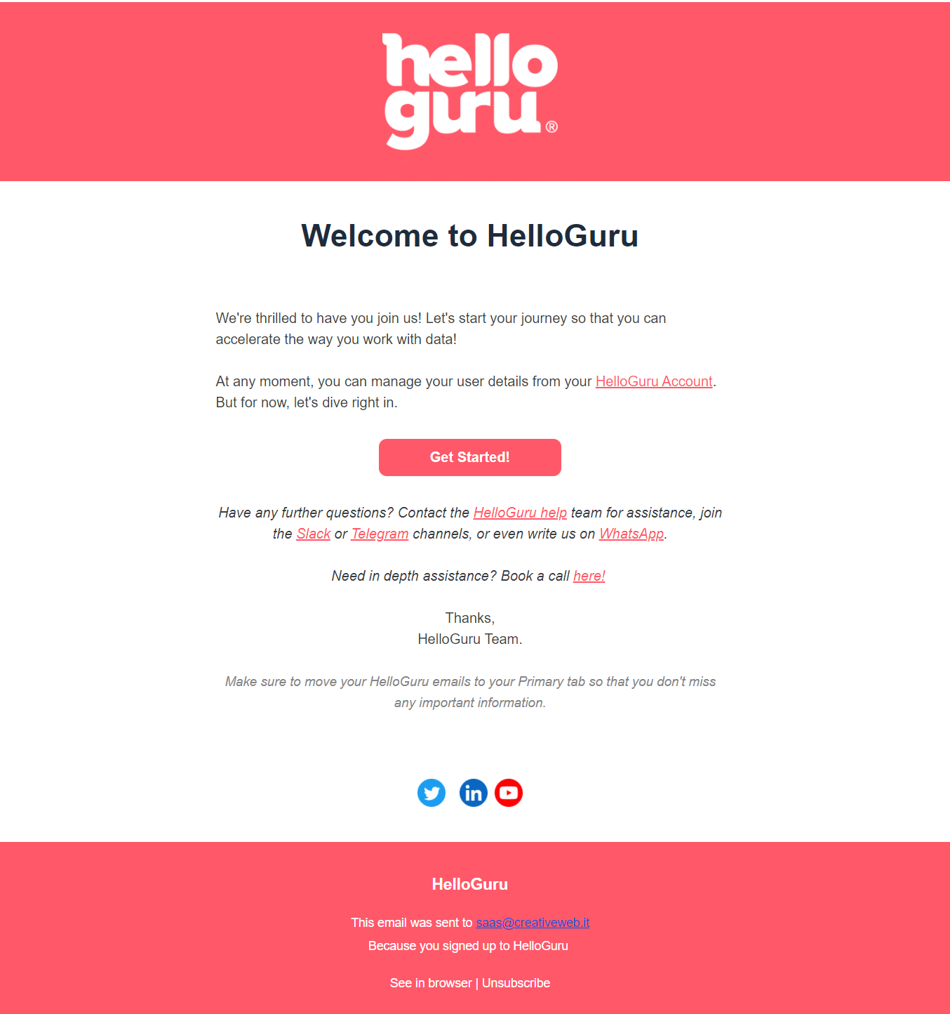 HelloGuru Welcome Email