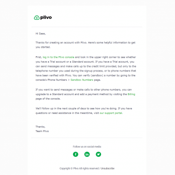 Plivo Welcome Email