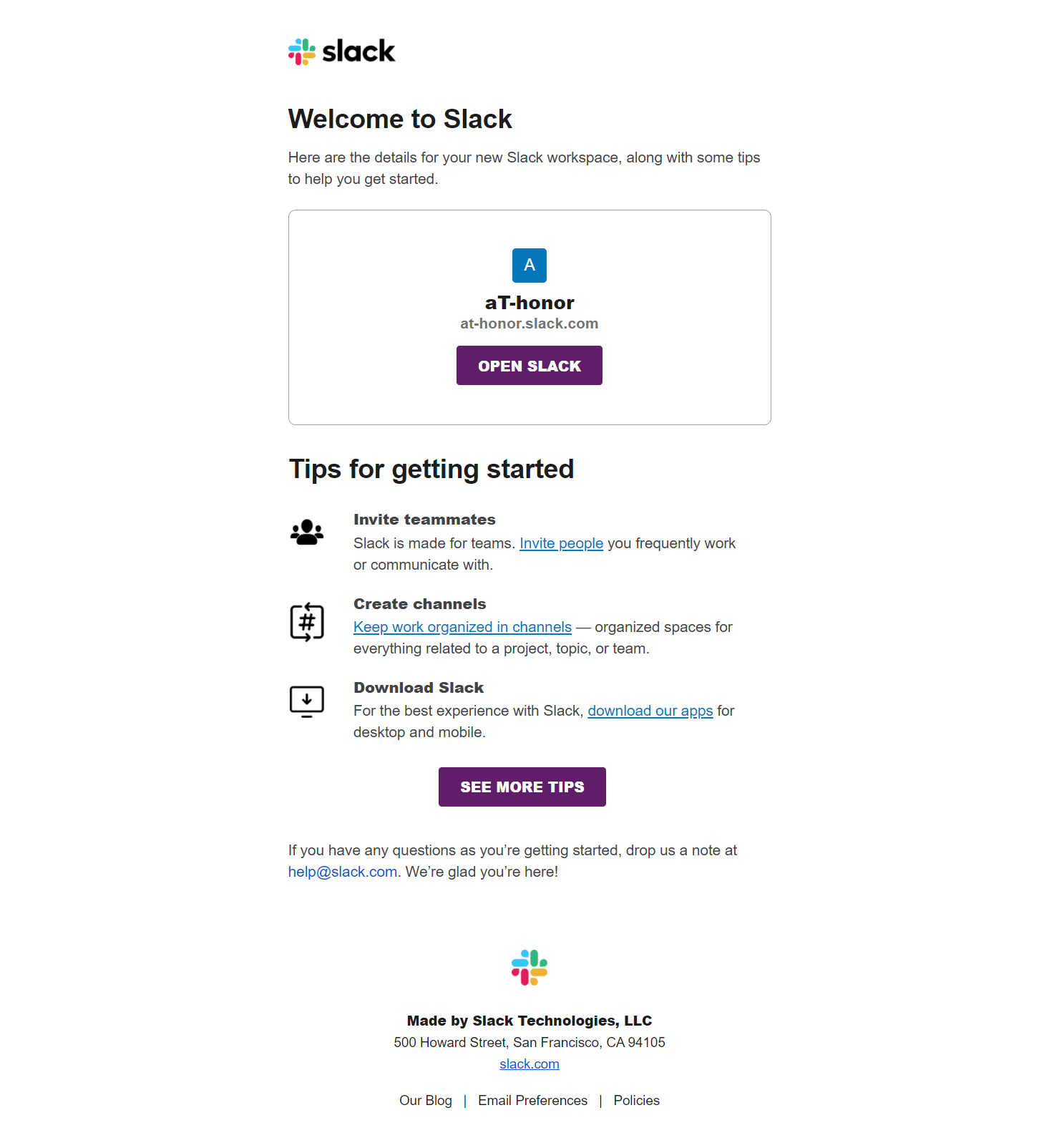 Slack Welcome Email