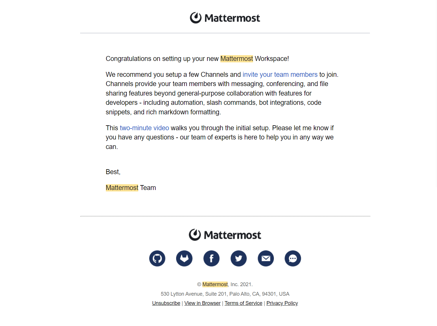 Mattermost Welcome Email