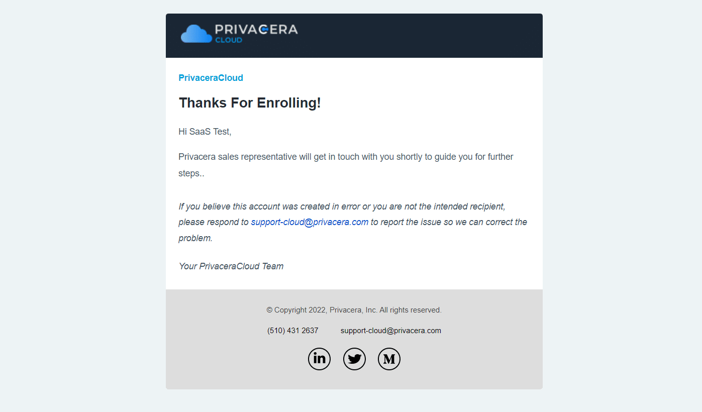 PrivaceraCloud Welcome Email