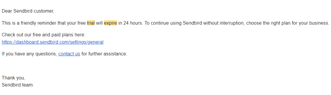 SendBird Trial Expiration