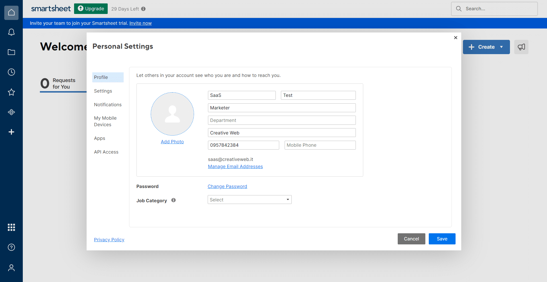 Smartsheet User Profile