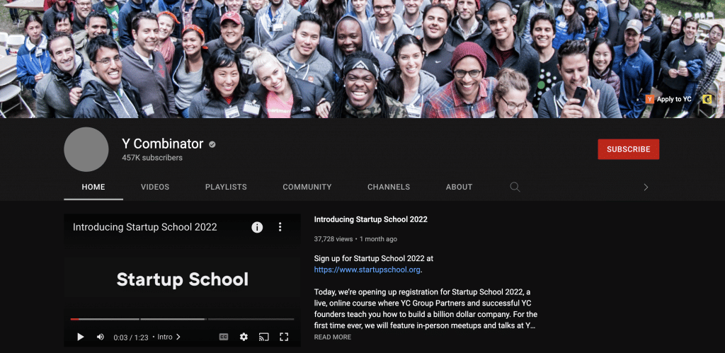 YCombinator youtube channel for startups