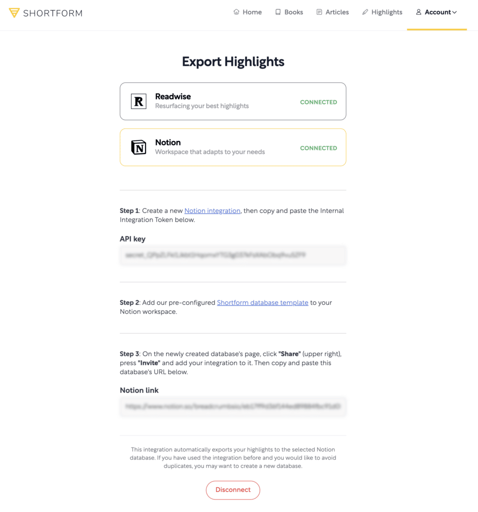 Shortform integration with readwise and notion