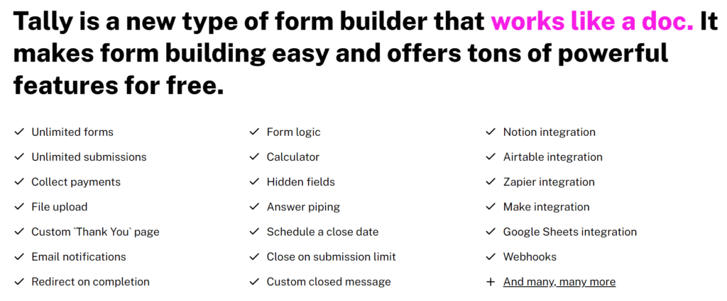 Tally form builder features