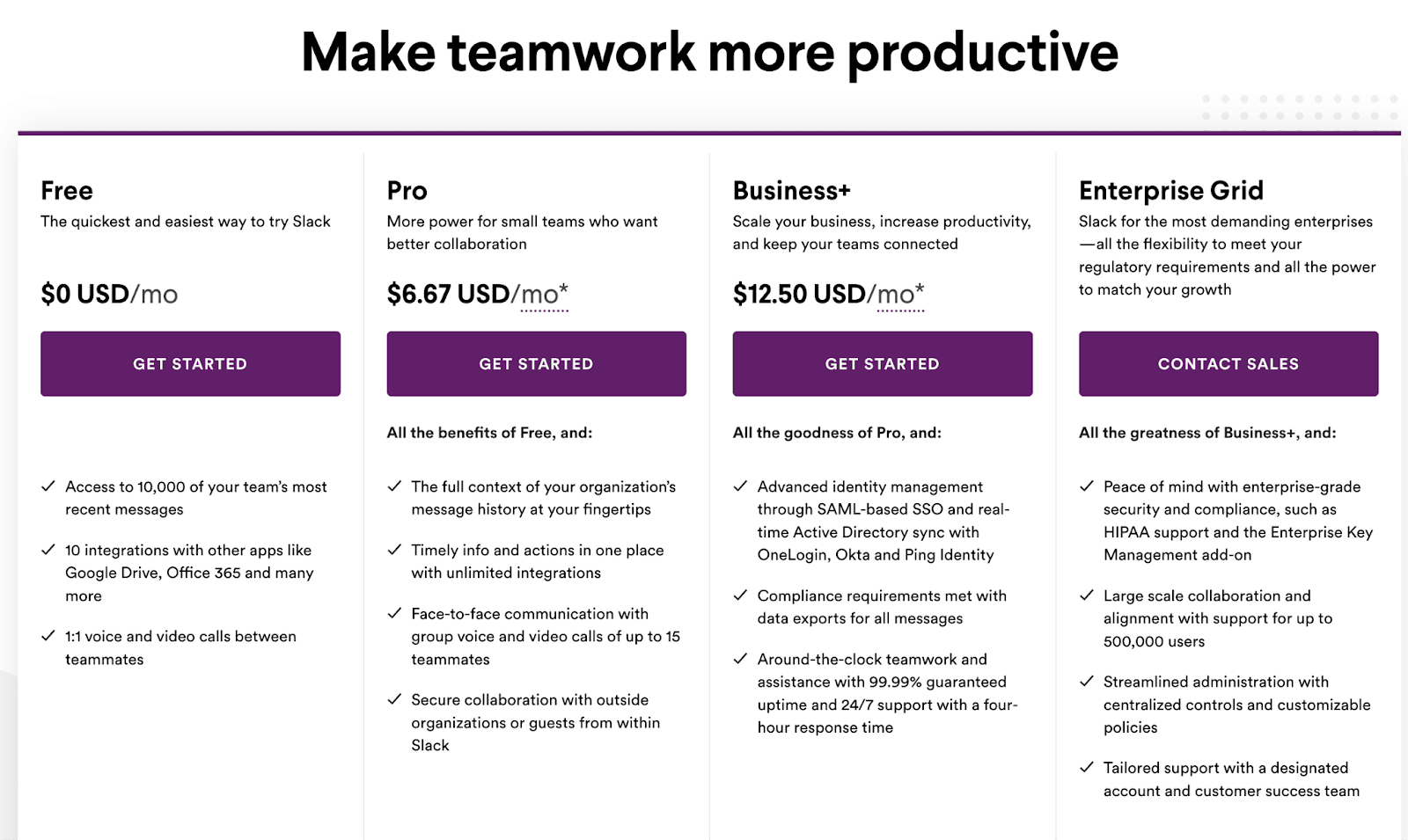 SaaS pricing page from Slack