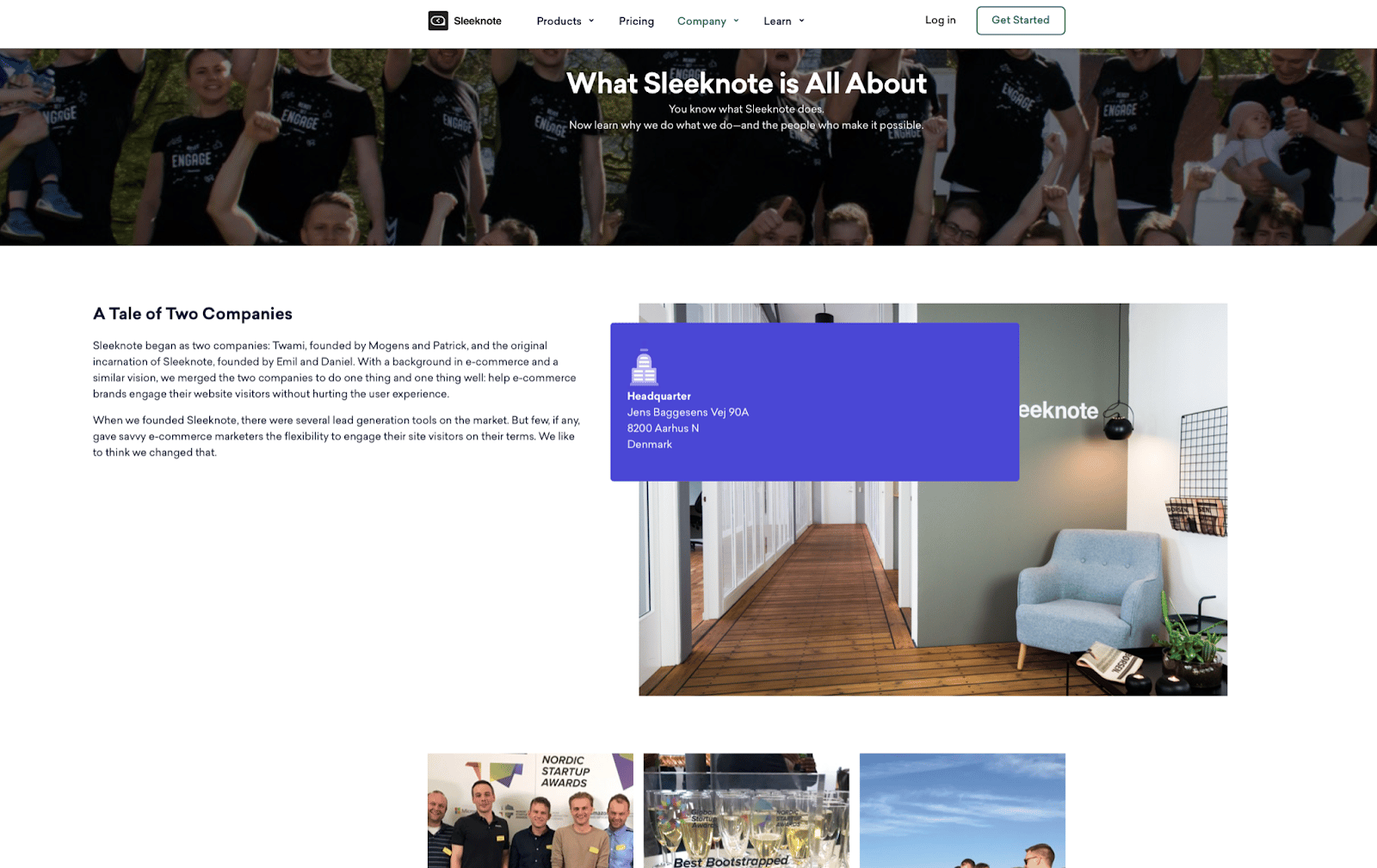 Sleeknote SaaS site About Us page