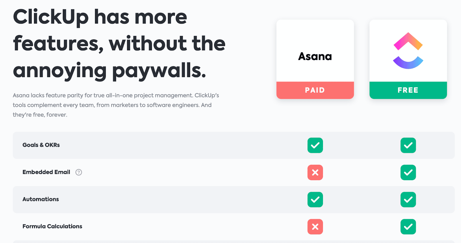 Click Up Comparison page example