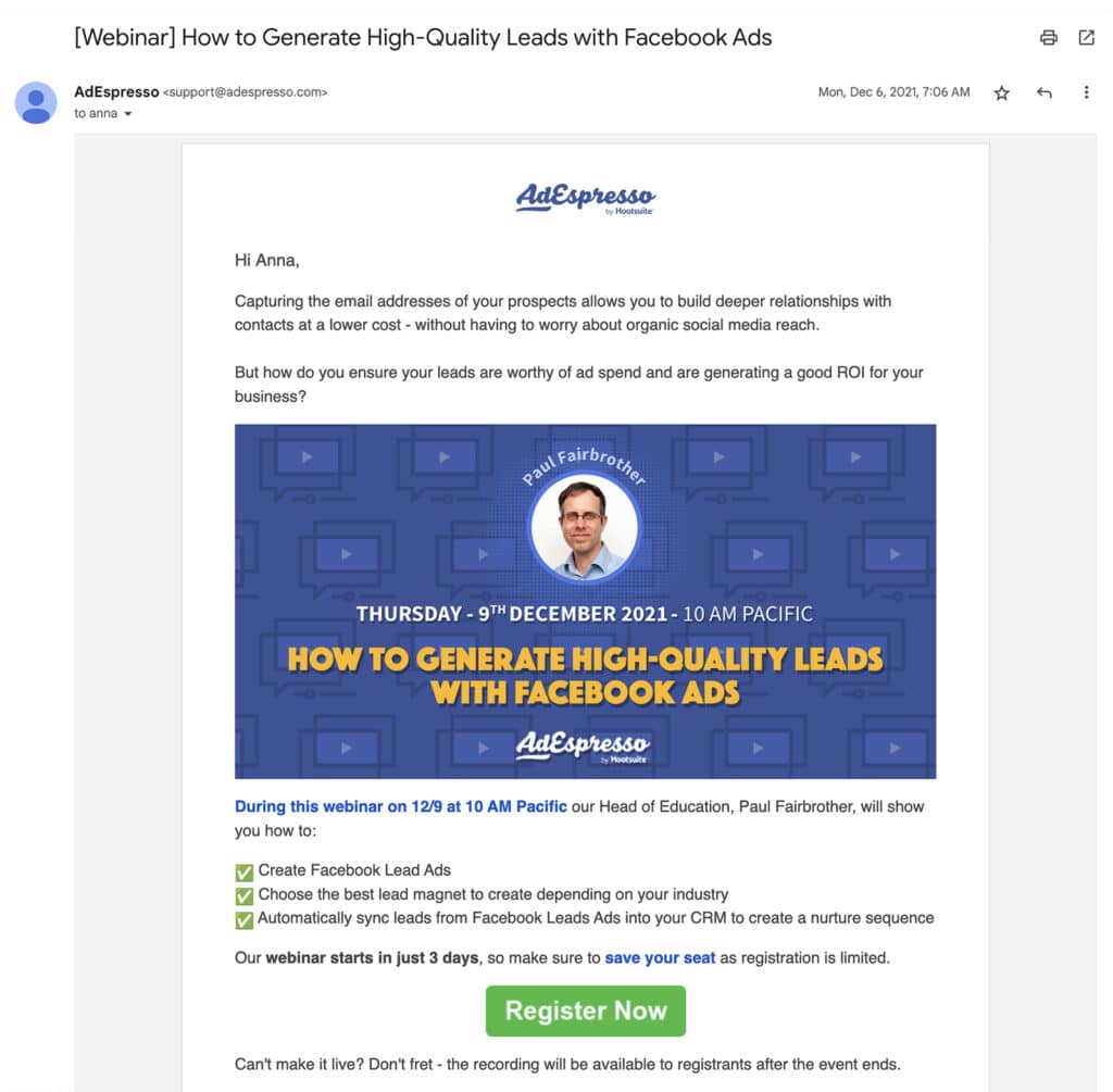 Lead Nurturing Examples, AdEspresso