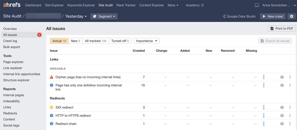 Ahref Site Audit tool