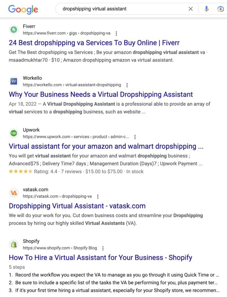 Workello ranks at second position for Dropshipping the Virtual Assistant keyword, beating authority sites like Upwork, Vatask, and Shopify.