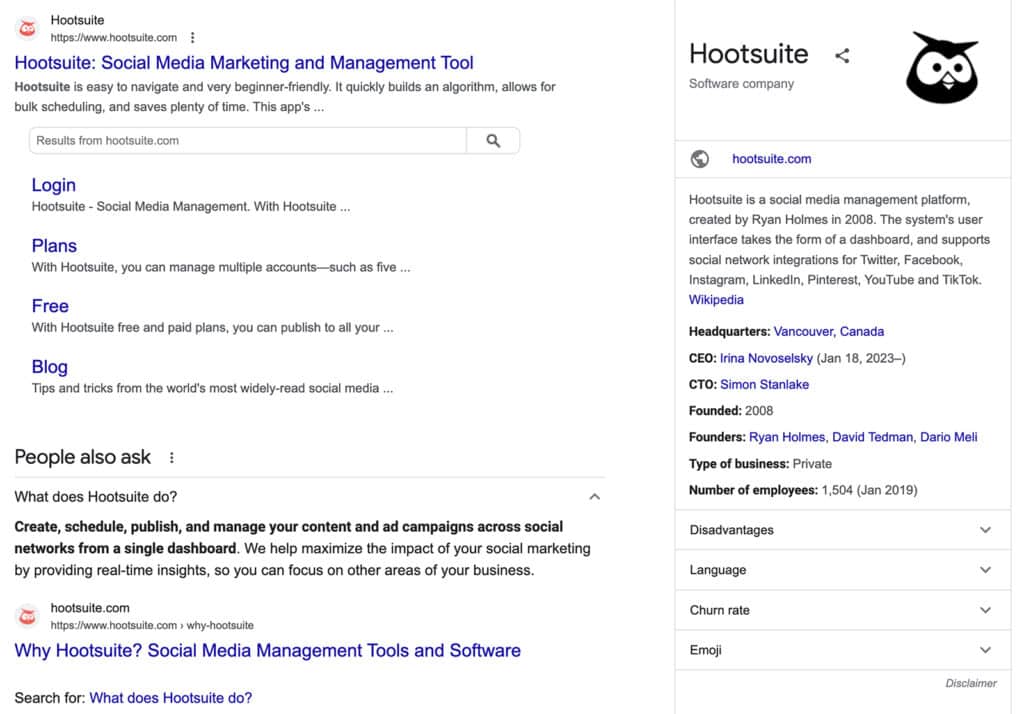 HootSuite SERP Result and Business Lisitng