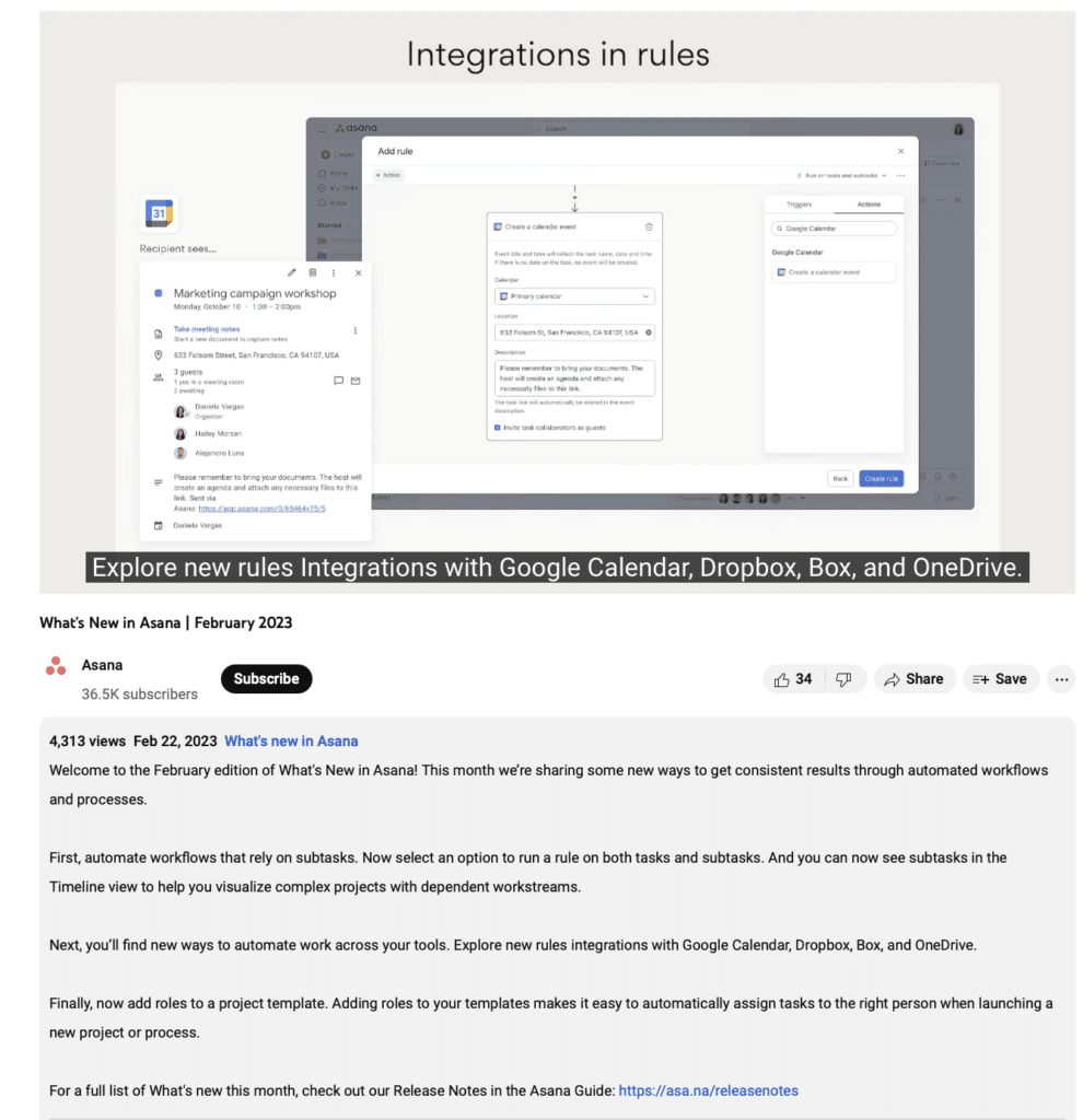 Asana youtube video about new features