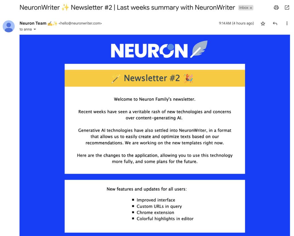 NeuronWriter Product Marketing via their email newsletter