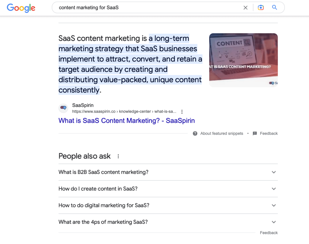 Content Marketing for SaaS Featured Snippet and People Also Asked section