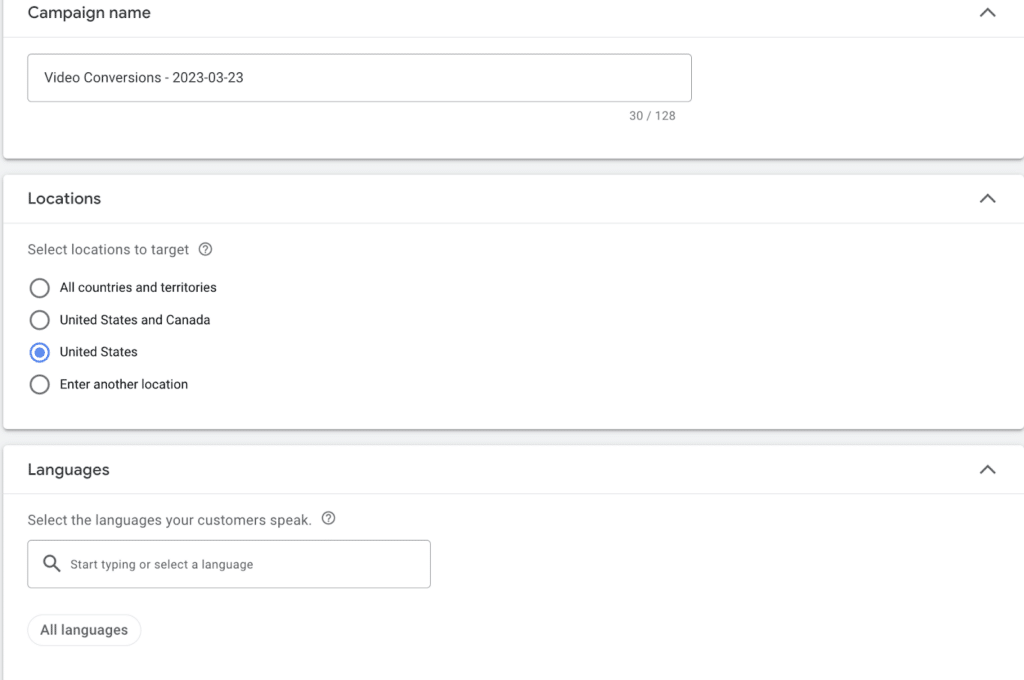 Campaign Name, and audience location Page