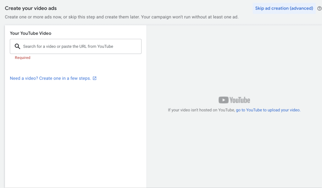 Uploading YouTube video links to create an Ad campaign