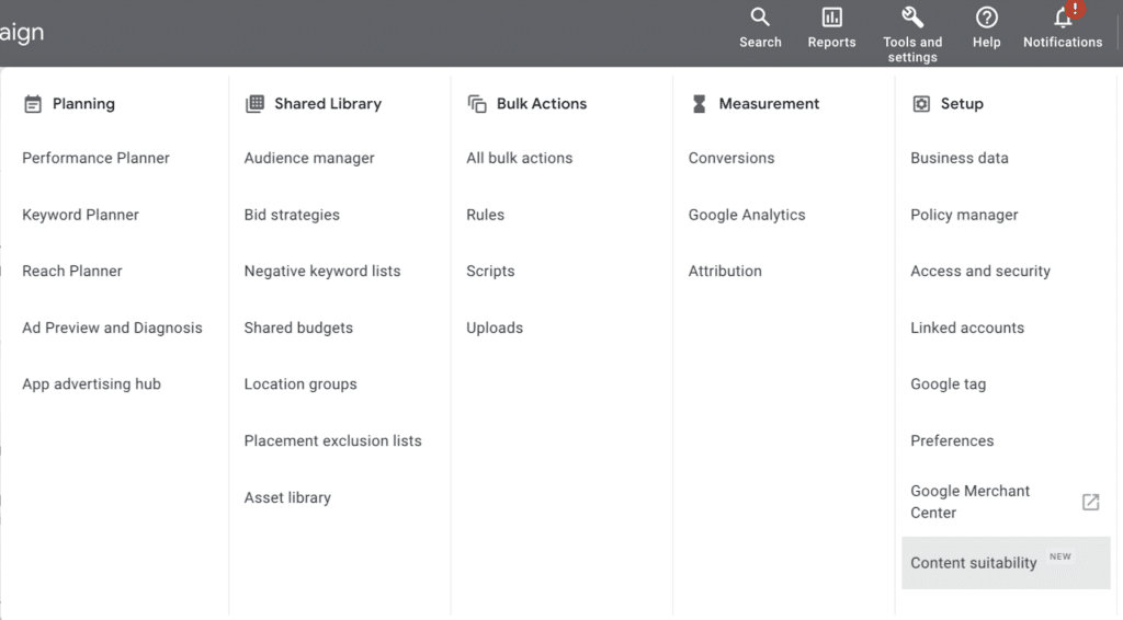 Tools and settings section in Google Adword