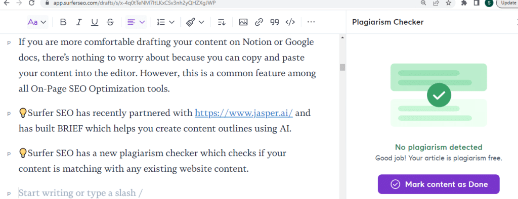 Surfer SEO plagiarism checker