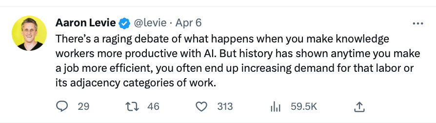 Aaron Levie's Tweet stating that AI can make jobs more efficient and increasing demand for labor.