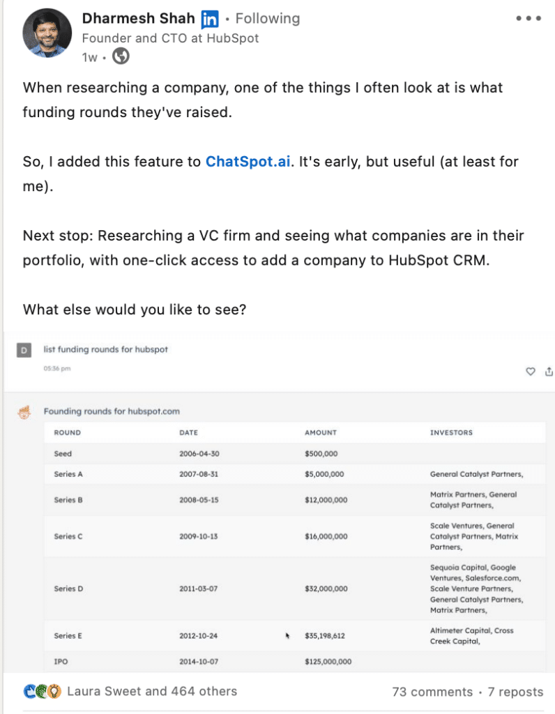 SaaS influencer Dharmesh Shaw linkedIn post saying he looks for funding rounds raised when researching companies