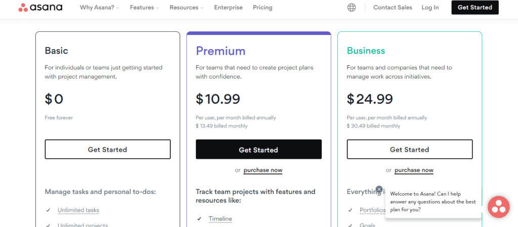 Asana Pricing Page