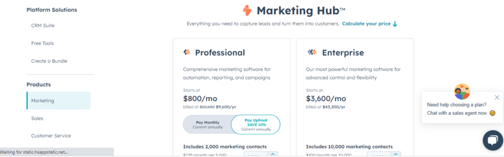 HubSpot Marketing Hub Pricing Page