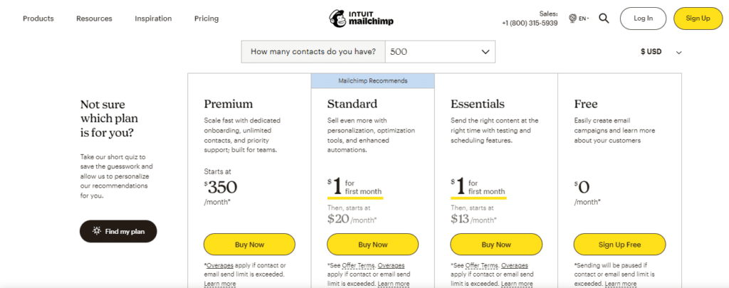 Mailchimp Pricing Page