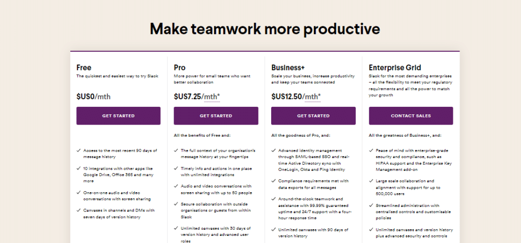 Slack Pricing Page