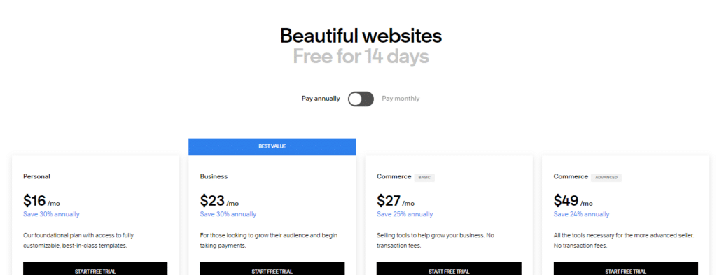 Squarespace Pricing Page