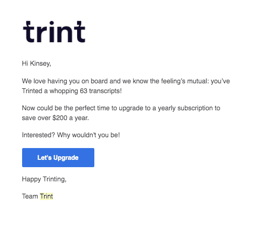 Trint's Plan Upgrade Email