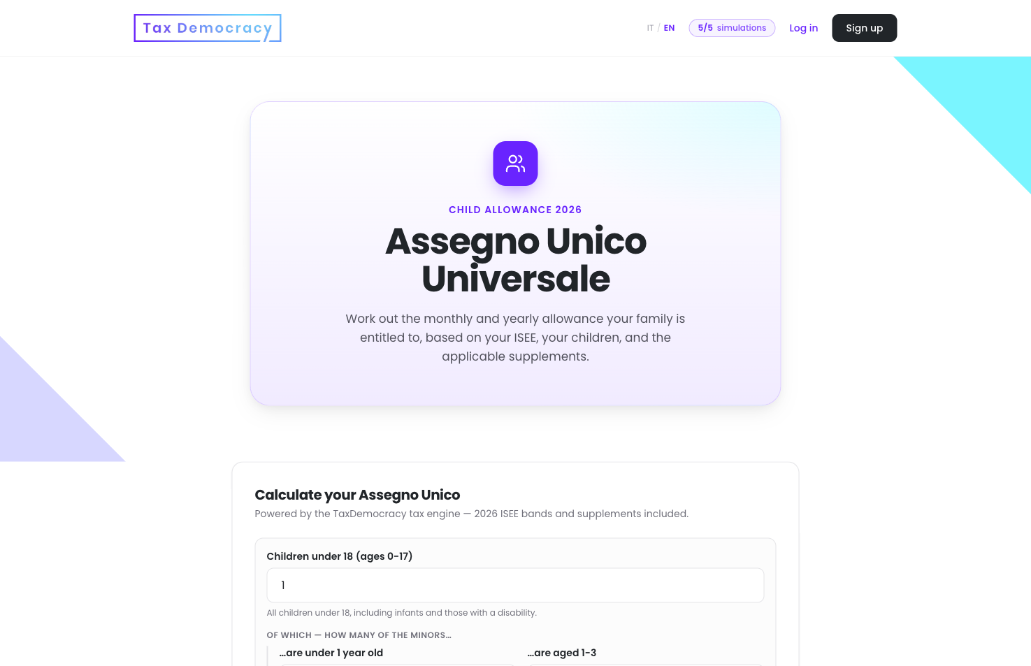 Tax Democracy's Assegno Unico (child benefit) calculator, a separate single-purpose page. Screenshot via taxdemocracy.com