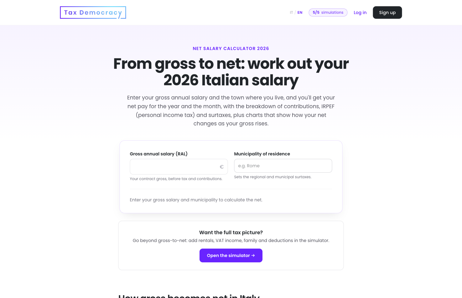 Tax Democracy's net-salary calculator: enter your gross salary and your town, get your take-home pay with the full breakdown of contributions, income tax and surtaxes. Screenshot via taxdemocracy.com