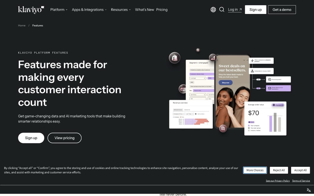 Klaviyo features page showing its marketing tools including sign-up forms