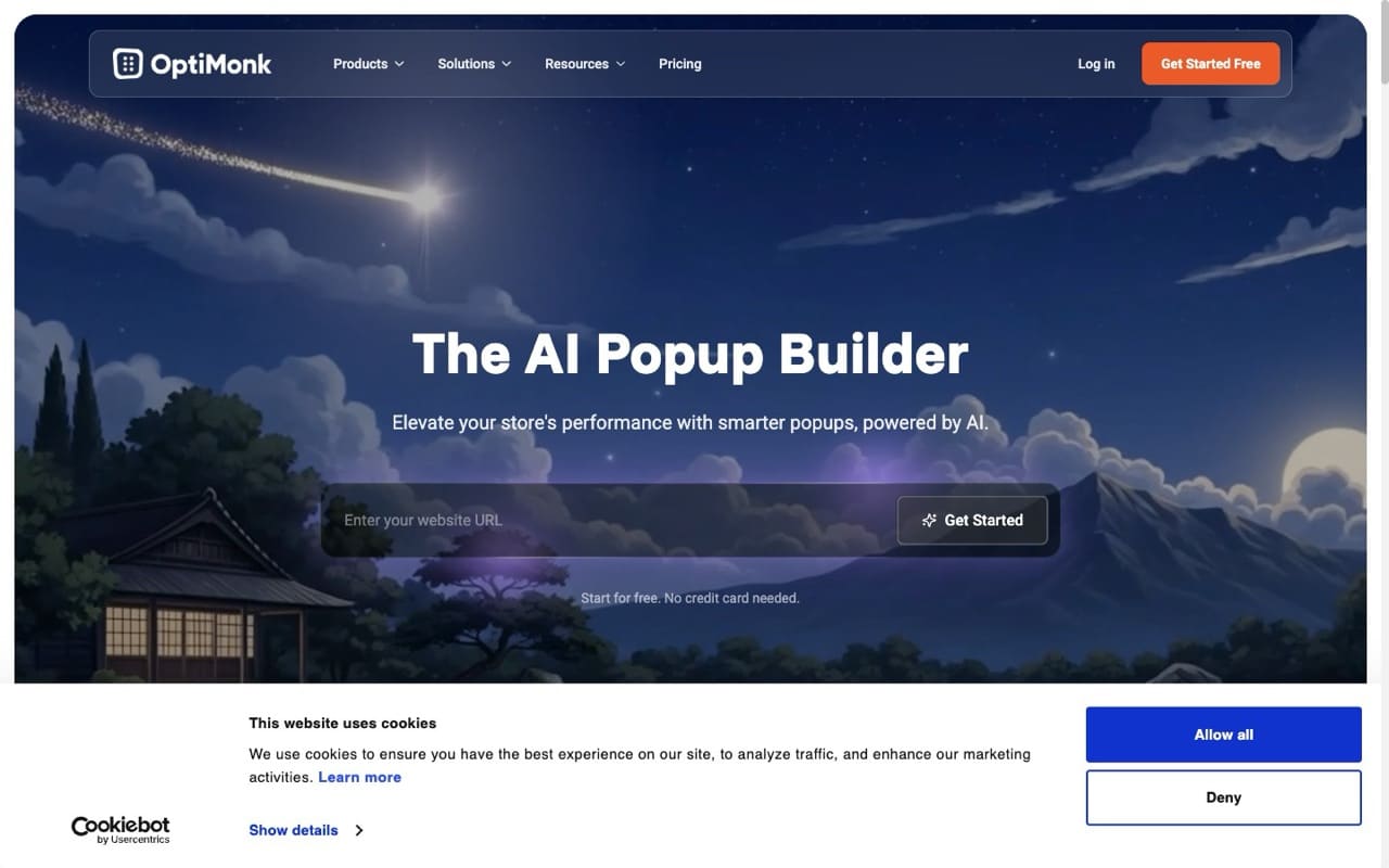 OptiMonk homepage billing itself as an AI popup builder