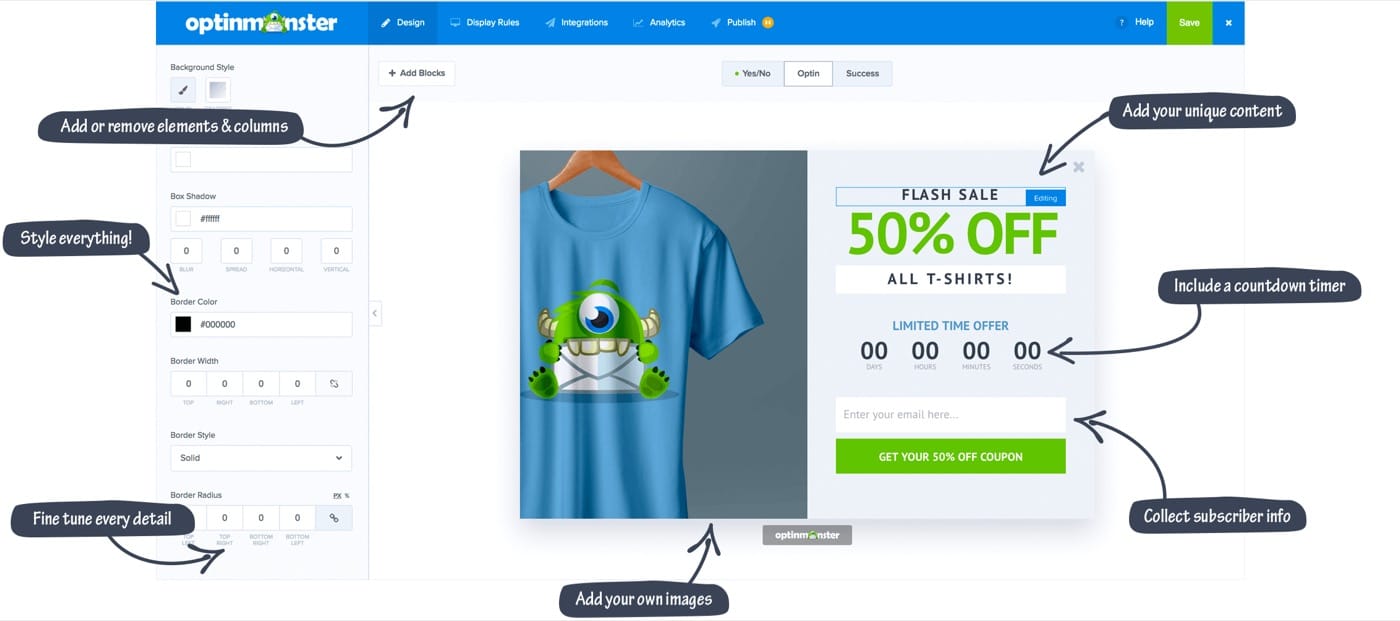 The OptinMonster drag-and-drop campaign builder, with Design, Display Rules, Integrations and Analytics tabs, editing a live coupon popup