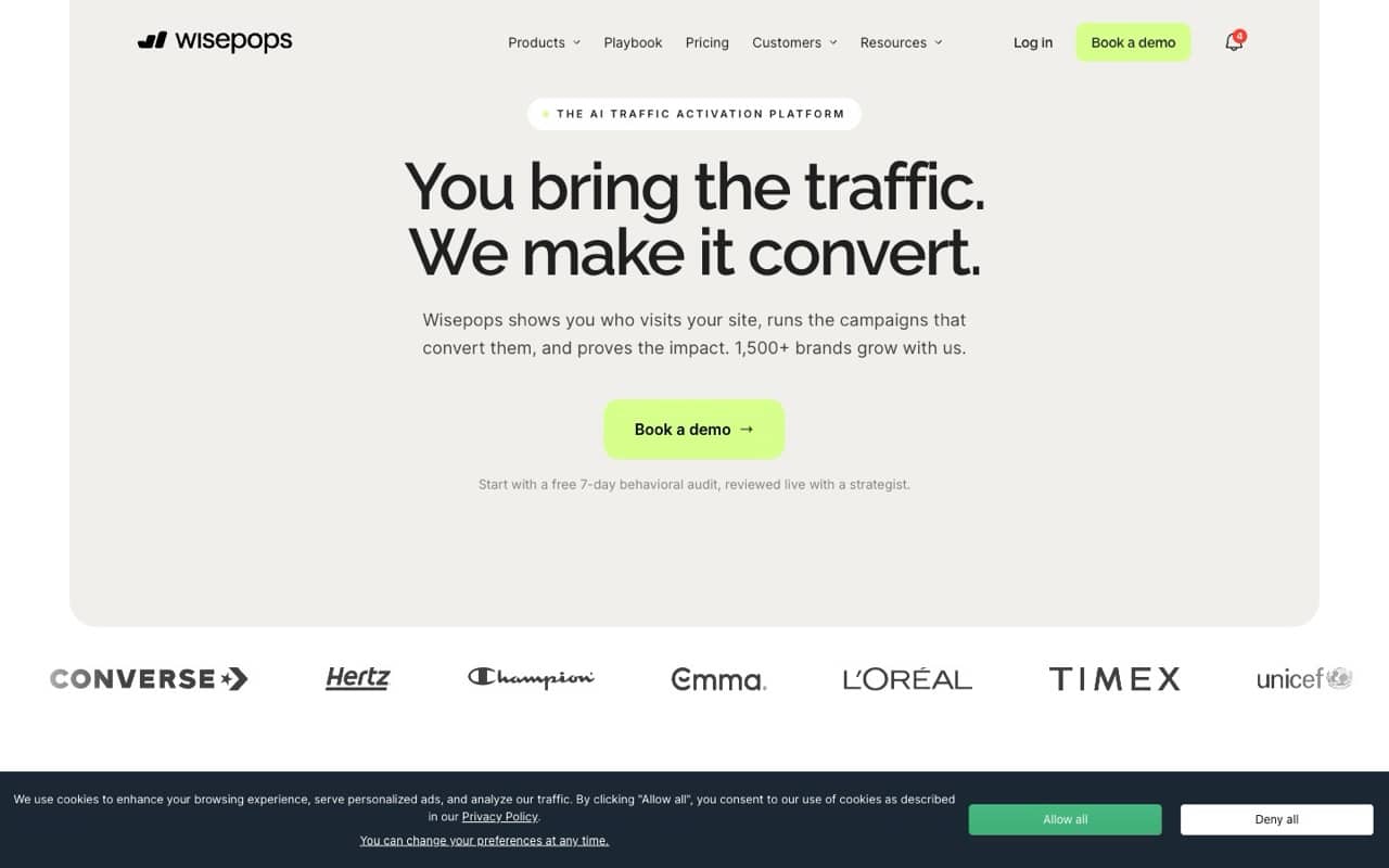 Wisepops homepage, now positioned as an AI traffic activation platform